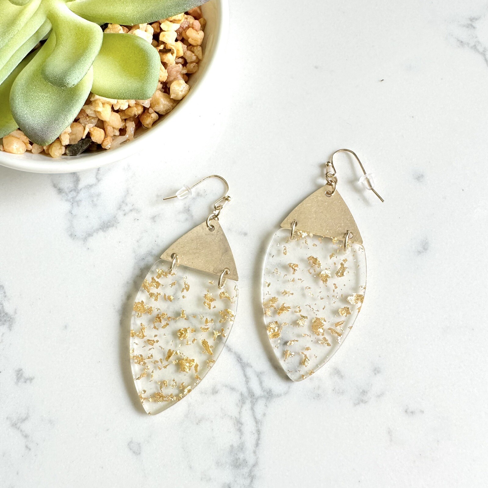 Clear Resin Acrylic Gold Flake Earrings Gold Fleck Gift Jewelry NEW Bohemian