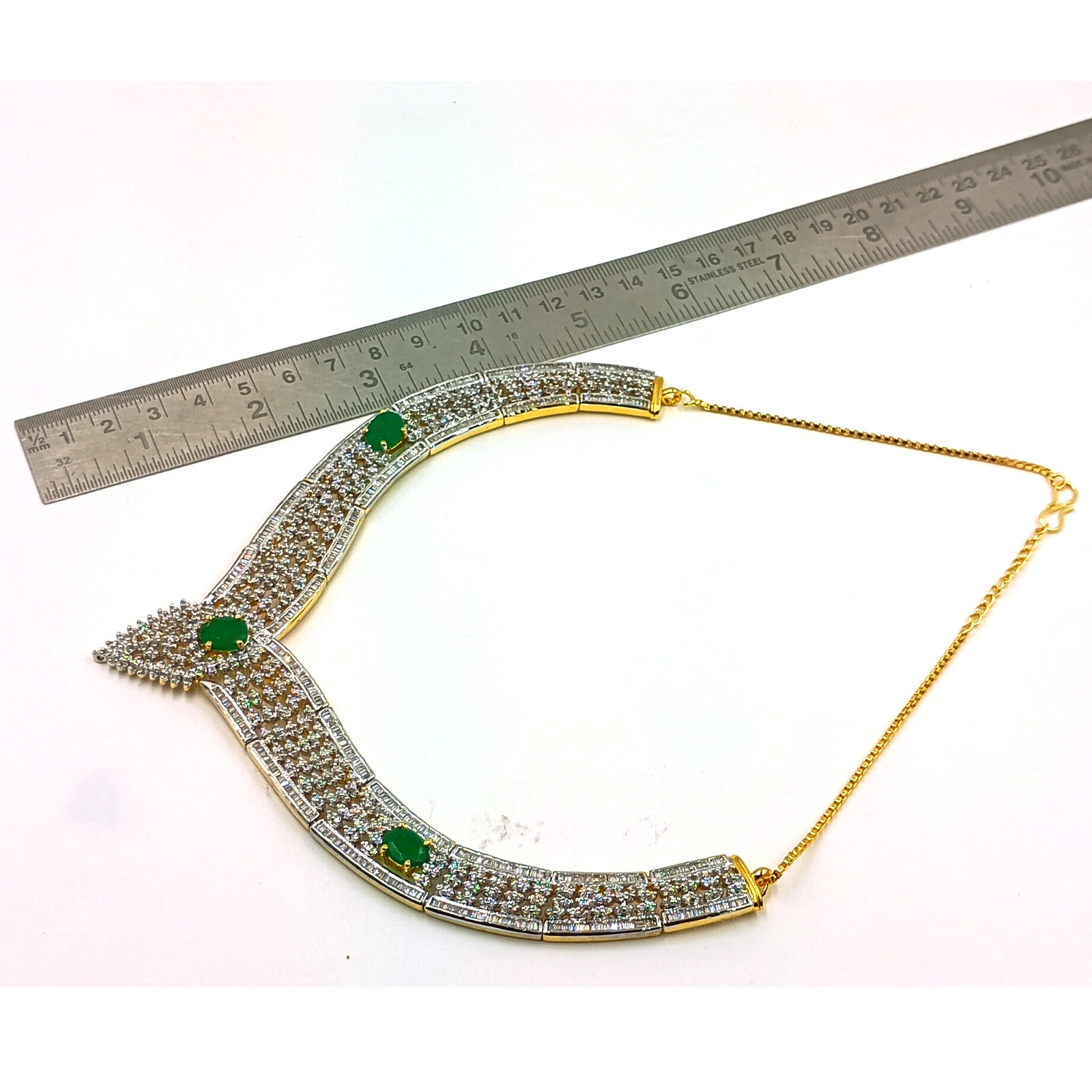 Emerald CZ Diamond Choker Necklace Set 22k Gold Plated South Indian Handmade