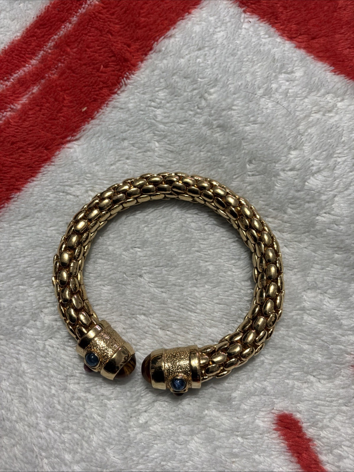 Vintage Runway Gold Tone Red Blue Green Glass Snake Skin Open Cuff Bracelet