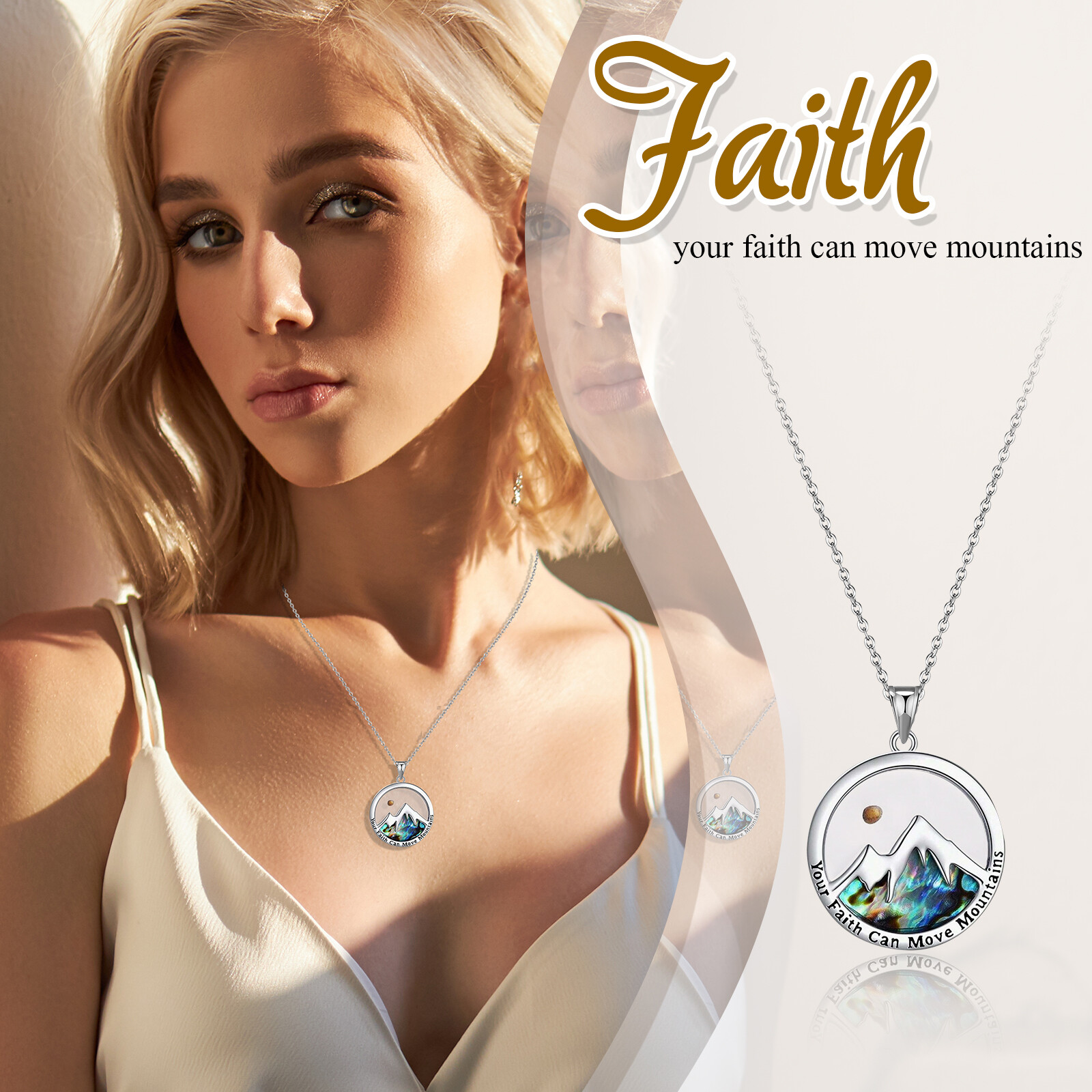 Women’s Mustard Seed Mountain Christian Necklace Colorful Abalone Shell Pendant