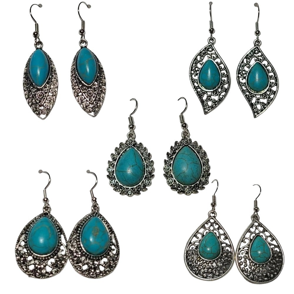 Silver Turquoise Stone Dangle Drop Fashion Earrings Set of 5 ~ NEW