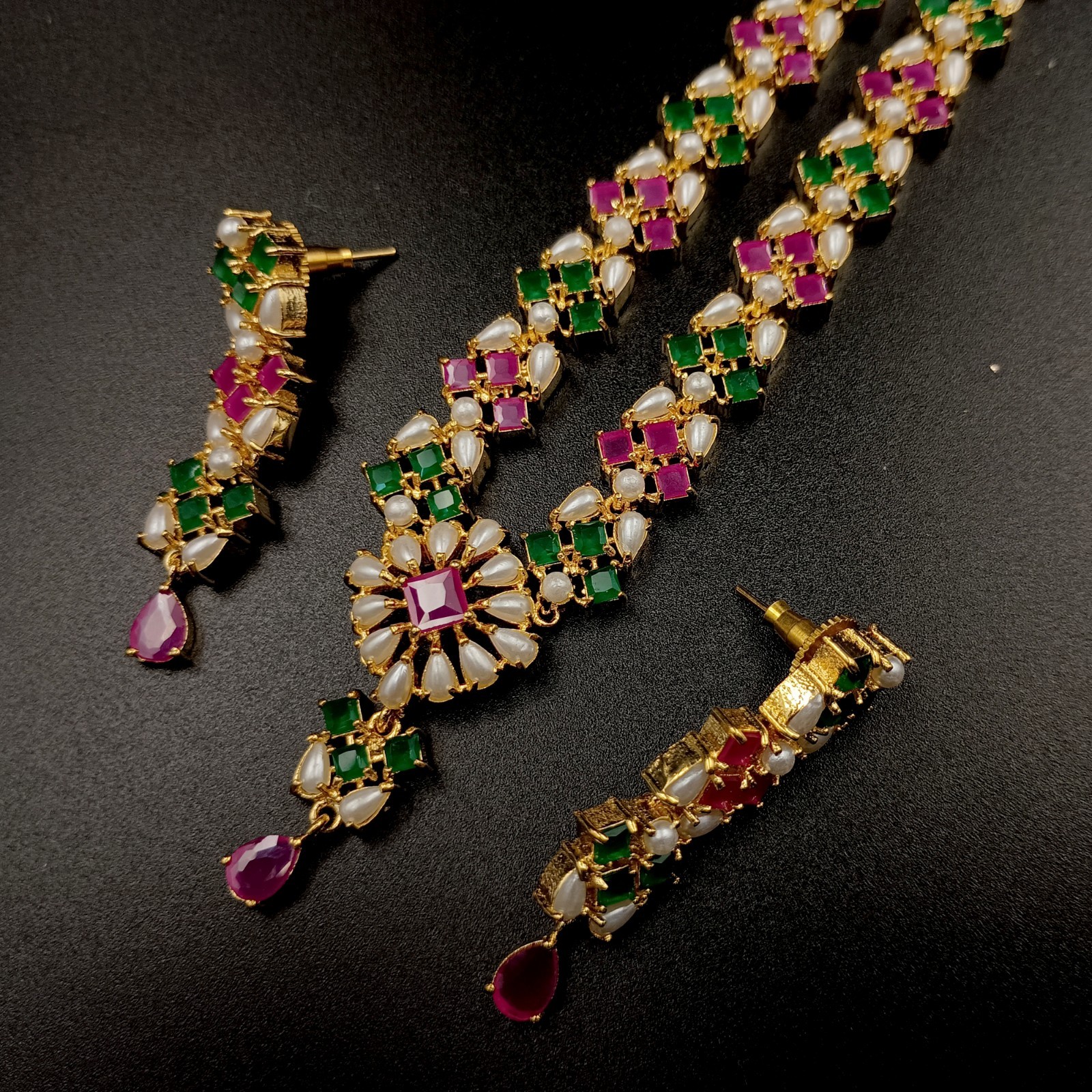 Bollywood Style Ruby Emerald Pearl 22K Gold Plated Jewelry Necklace Earrings Set
