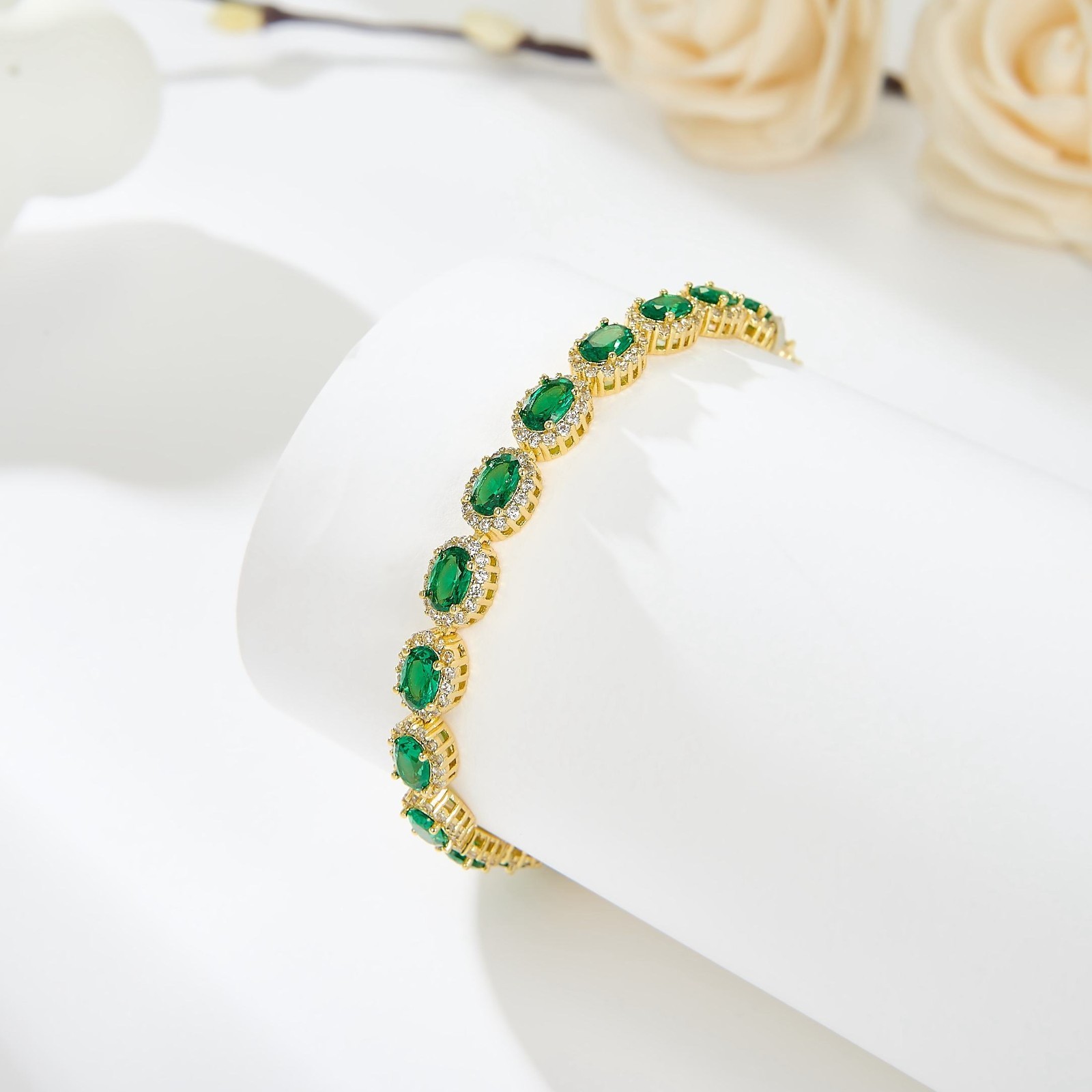 925 Silver Emerald Green Oval Halo Tennis Bracelet Crystal Link Bracelet Women