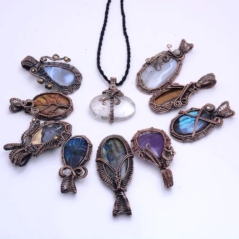 Natural Handmade Mix Gemstone Copper Wire Wrap 10 Pcs Lot Pendant Jewelry Reiki
