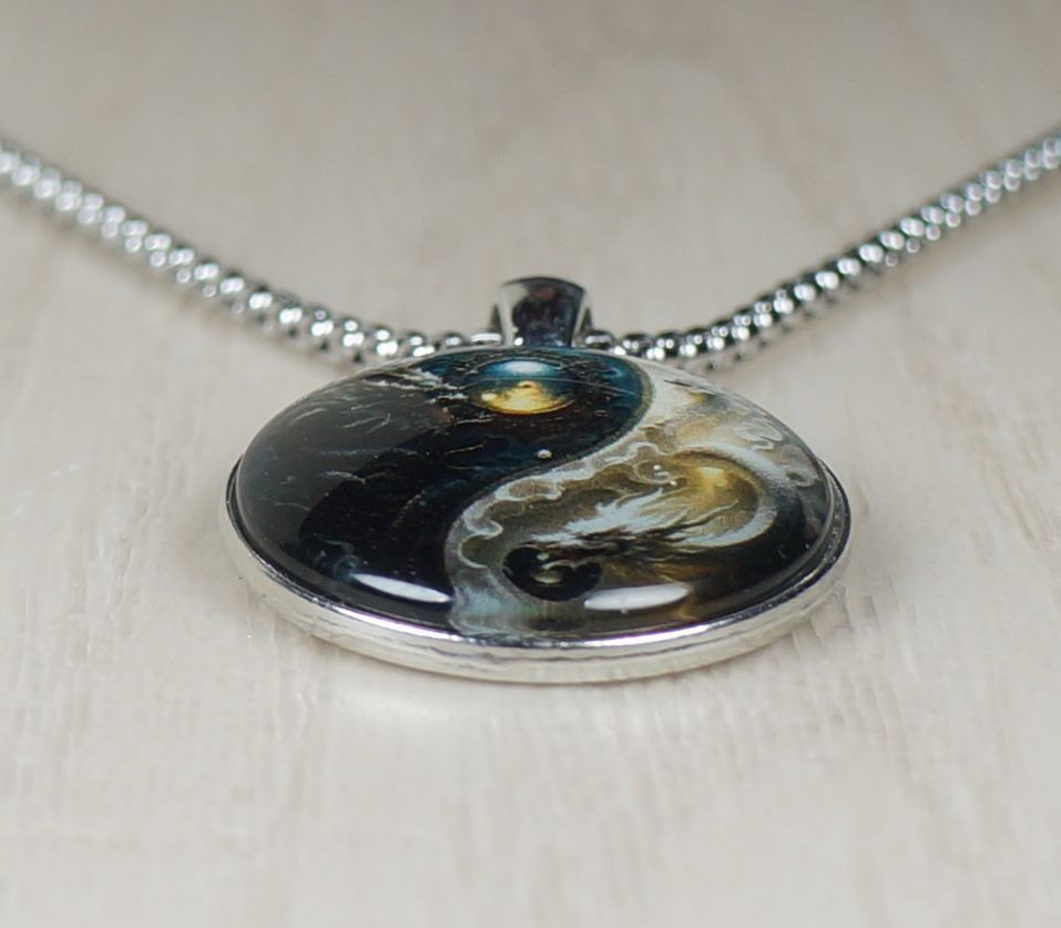 Intricate High Detail 2-D Yin Yang Dragon Pendant, Stainless Steel Chain
