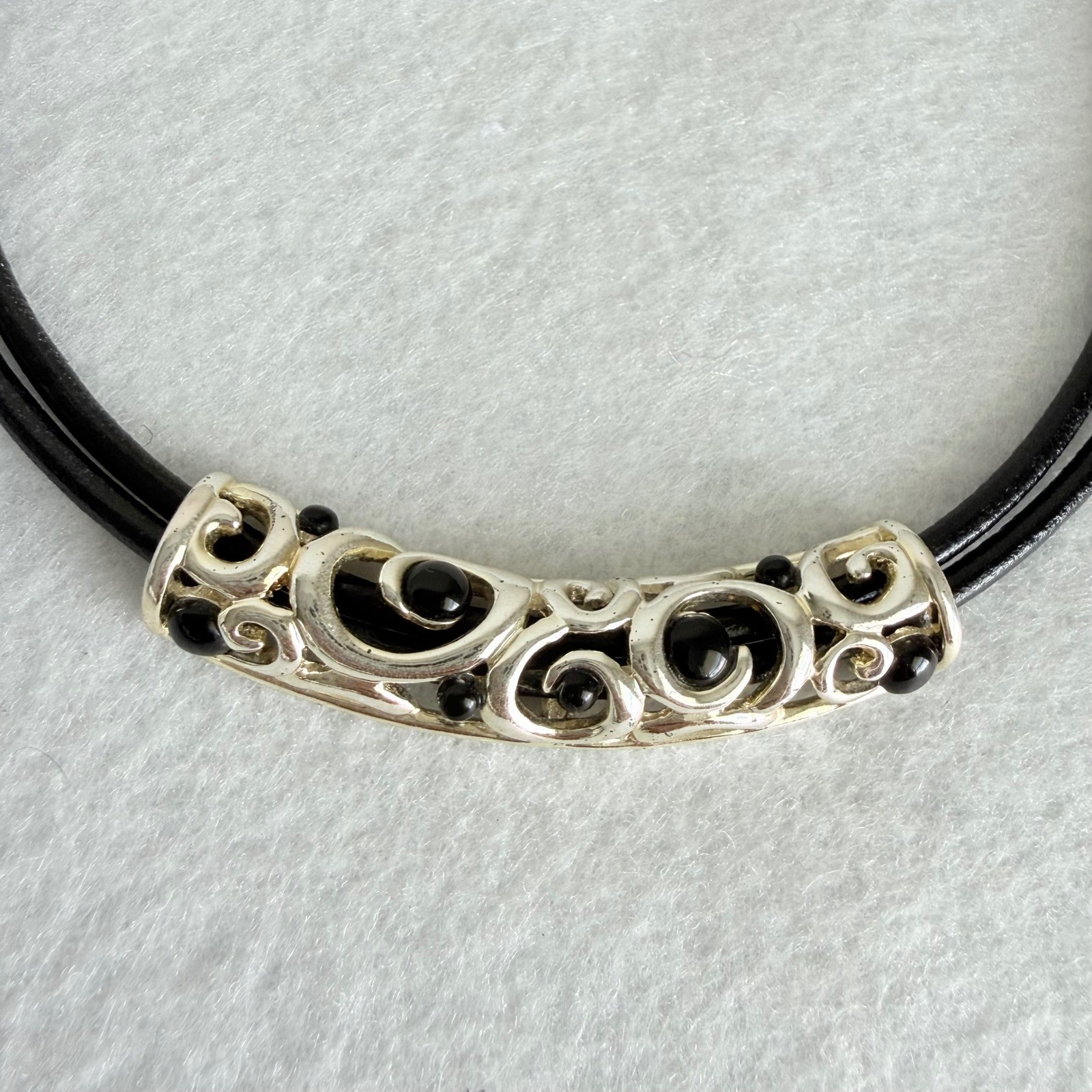 Two VTG Black Cord Statement Necklaces Silver Tone Filigree & Fringe Pendants