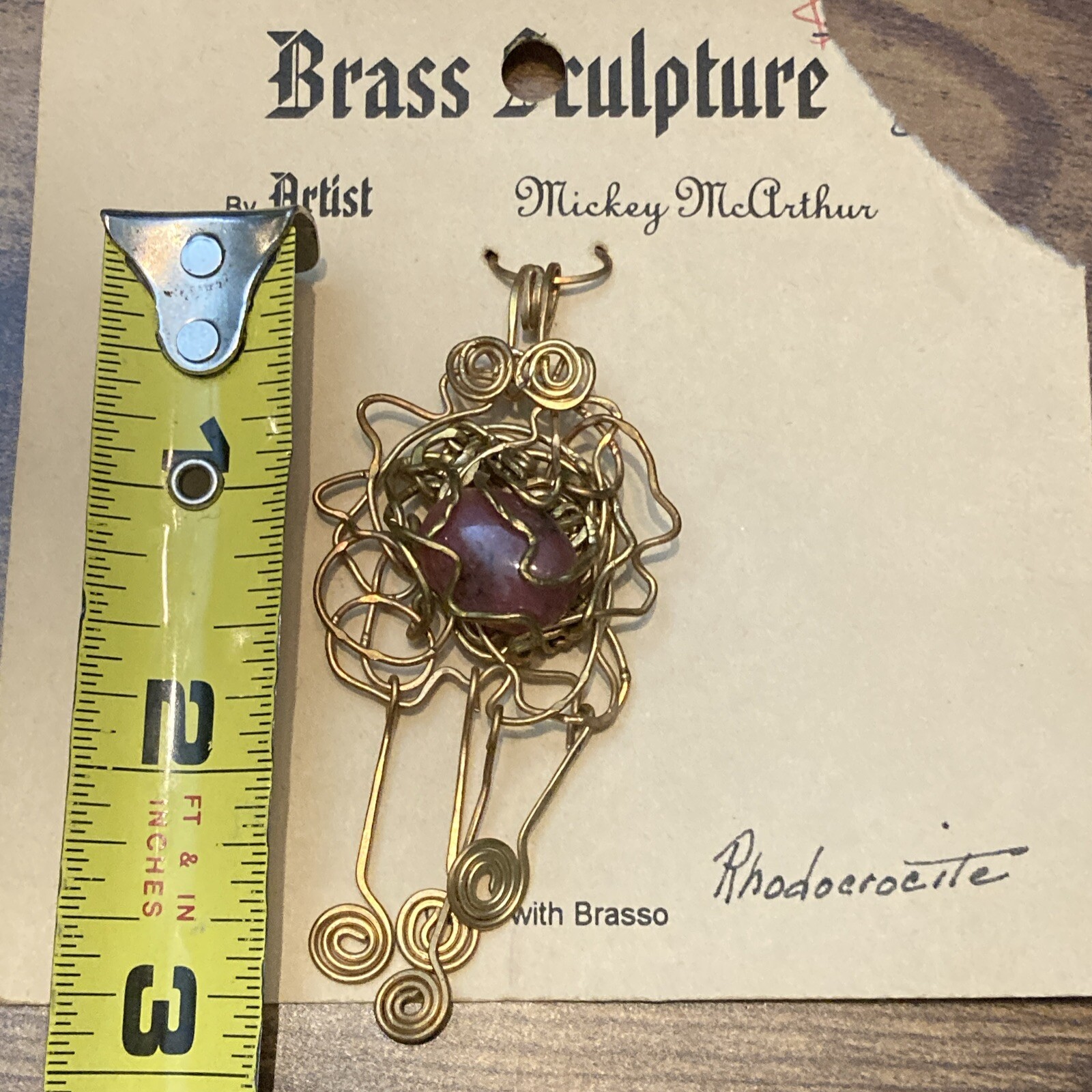 Wire Wrapped Brass Rhodochrocite Handmade Pendant 3″ Gemstone Jewelry