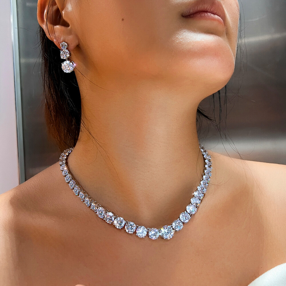 Round Cubic Zirconia Tennis Necklace Earrings Silver Plated Wedding Jewelry Set