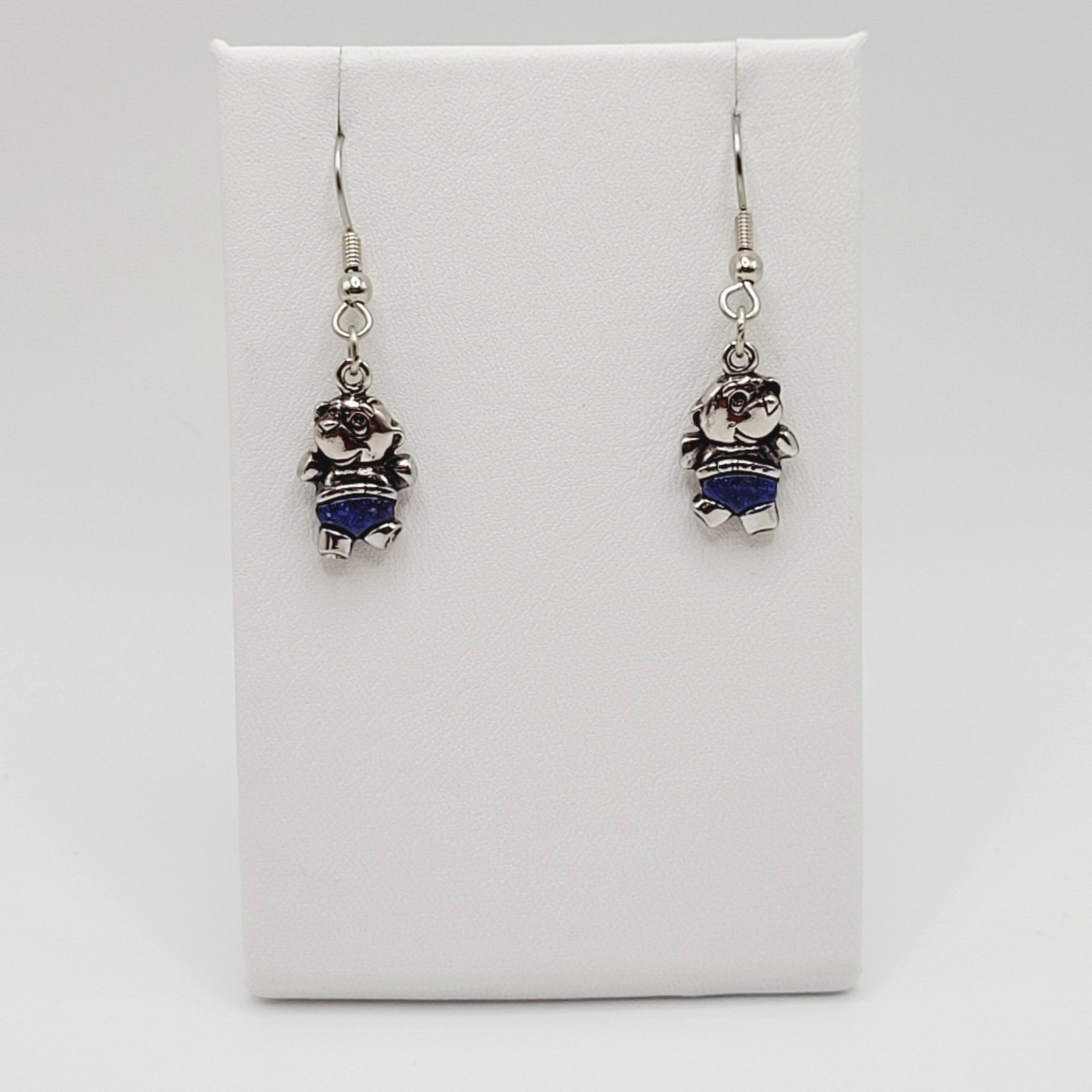 SW Waldeck Johnson Teddy Bear Lapis Lazuli Silver Tone Pierced Hook Earrings
