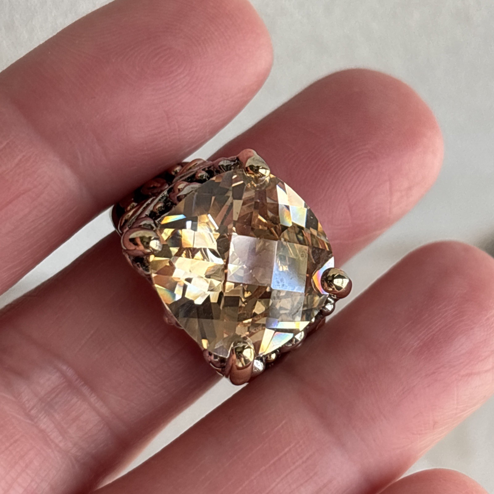 Inspirational Champagne Cushion Cut CZ Crystal Silver Gold Balinese Ring Size 7