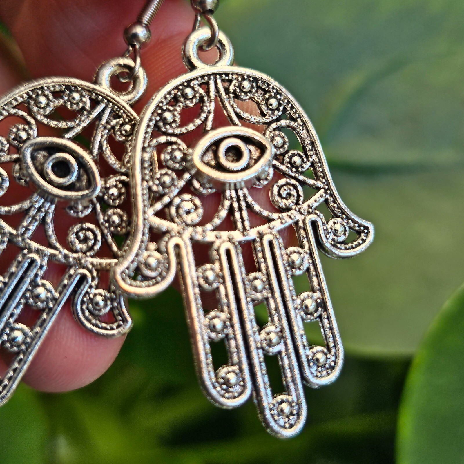 Large Hamsa Earrings Evil Eye Protection Filigree Silver Drop Dangle Jewellery