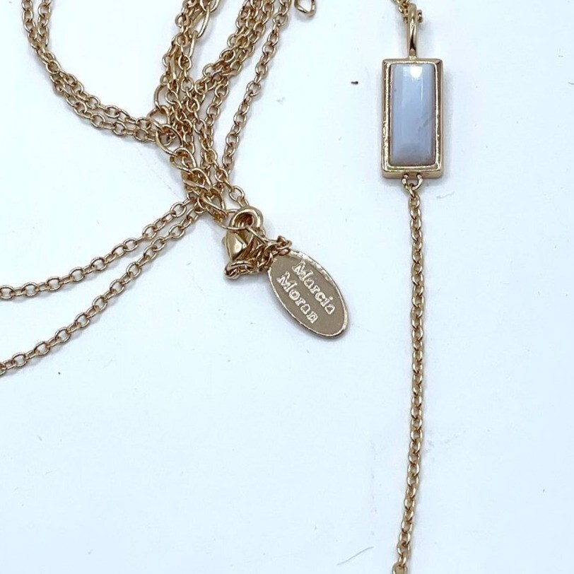 Marcia Moran Blue Lace Agate Pave CZ Zagora Lariat 18K Gold Plated Necklace 21″