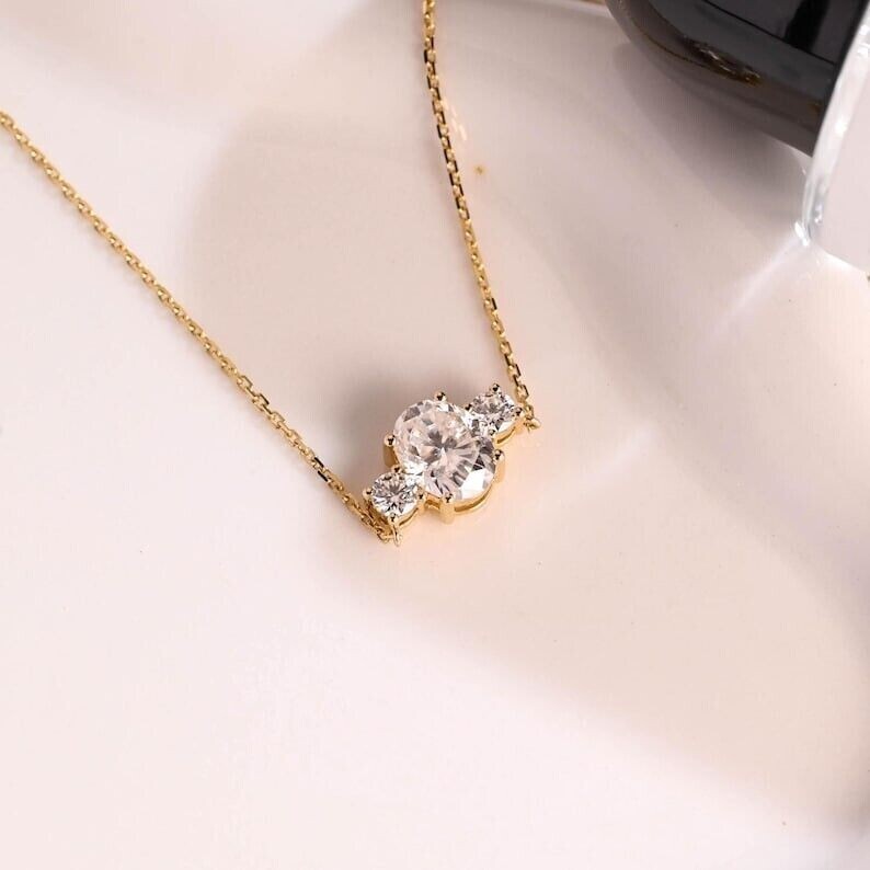 1.20Ct Oval Cut Simulated Diamond Three Stone Pendant In 14K Yellow Gold Plated