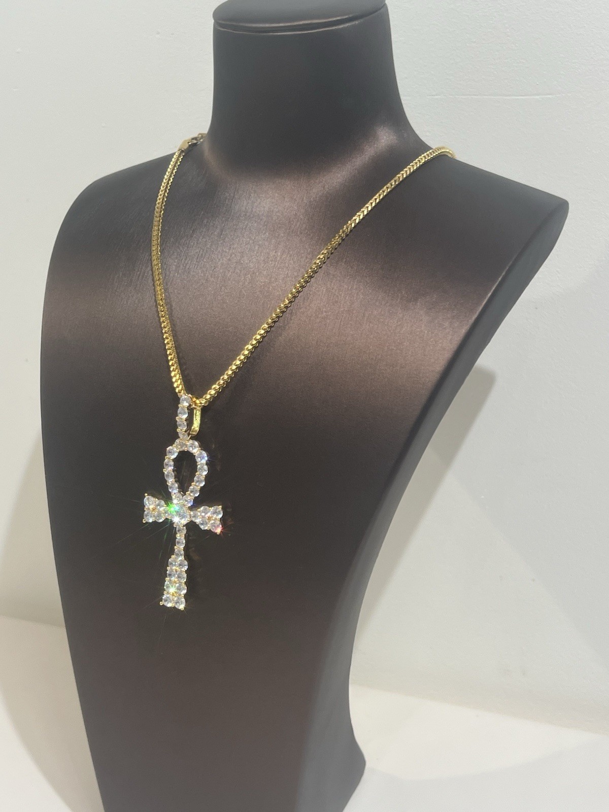 Gold Plate CZ Ankh Cross Pendant Necklace, Egyptian Cross Cubic Zirconia