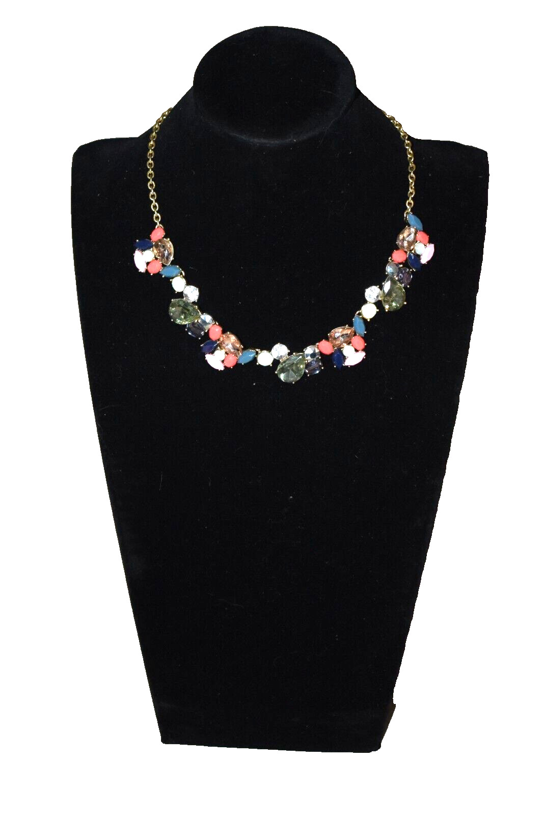 J. CREW Cluster Multi- Colors Stones Gold Tone Chain Statement Necklace 18″ B1