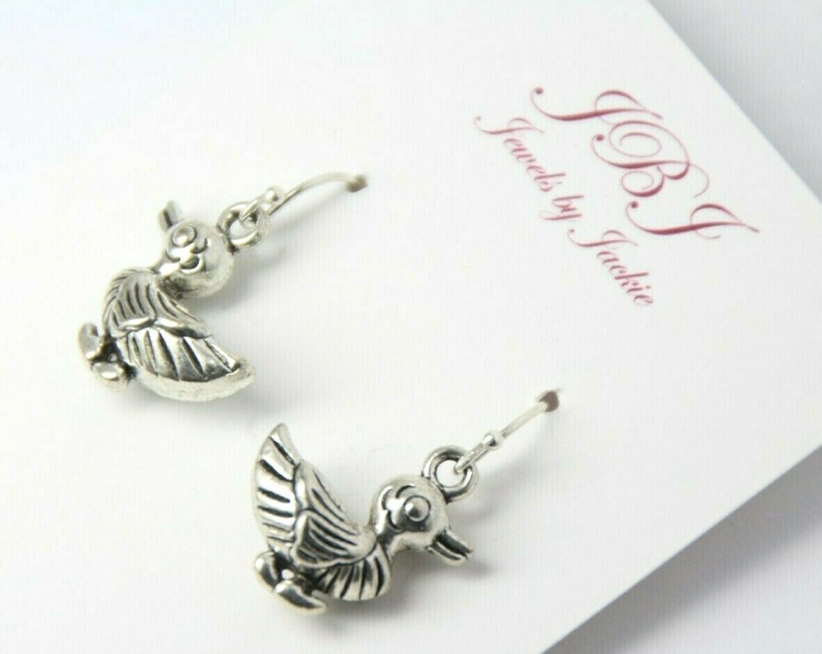 Duck Charm Earrings .925 sterling silver Hooks pewter Charms 1 1/4″ Ducky Birds