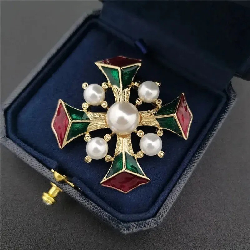 Vintage Baroque Cross Brooch Pin Court Style Enamel Pearl Corsage Unisex Jewelry