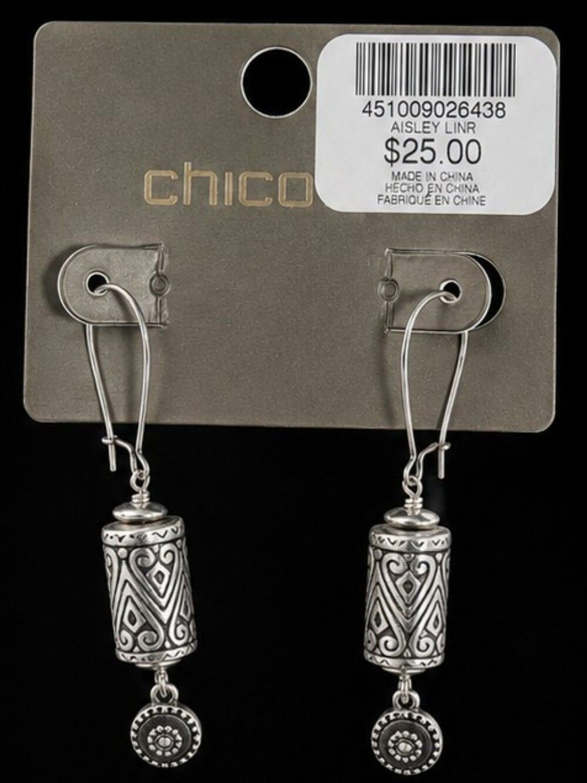 Chico’s Silver Tone Artisan Barrel Drop Earrings NWT Southwestern Boho