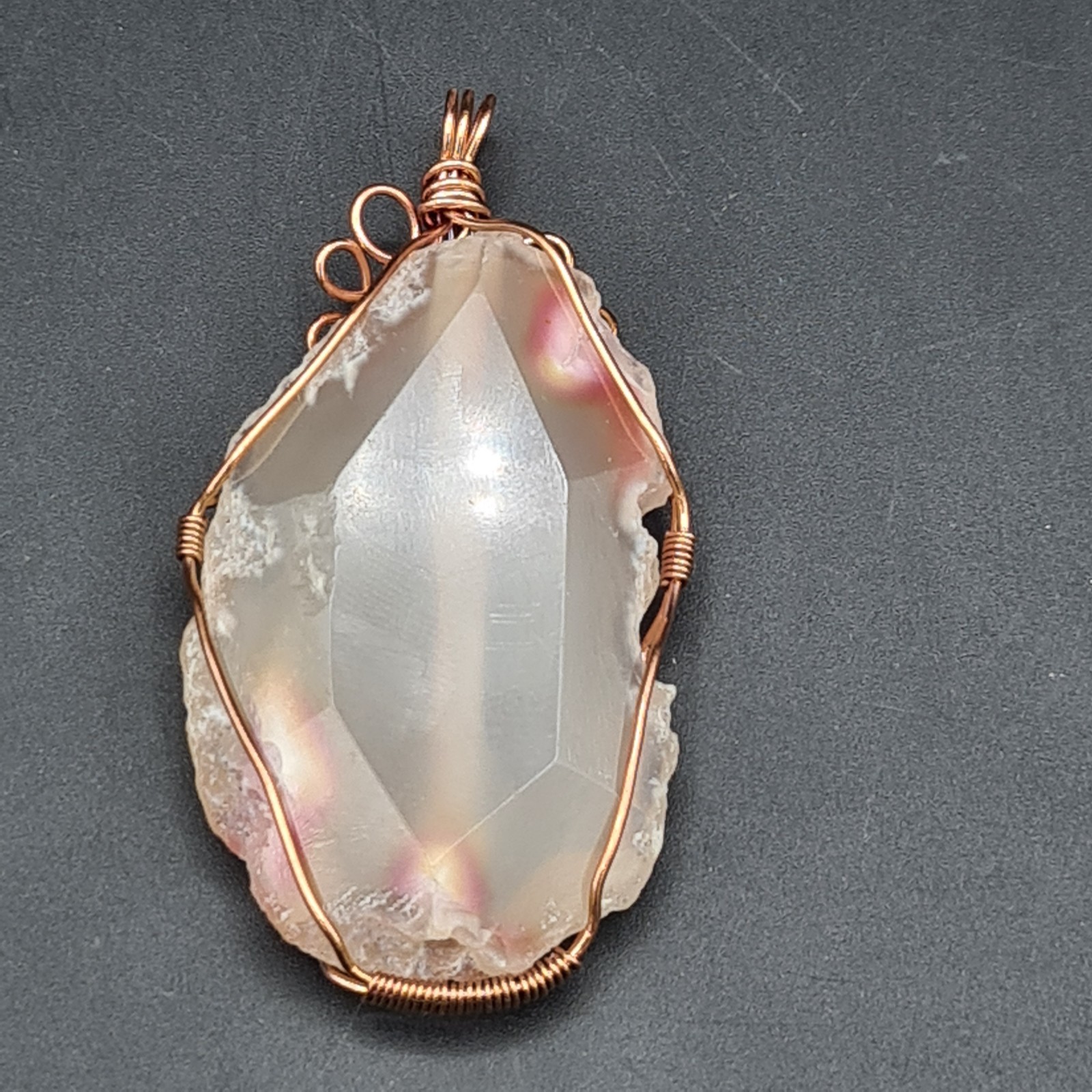 Artisan Pendant copper wire wrapped Agate or Chalcedony Freeform loops Boho H6cm