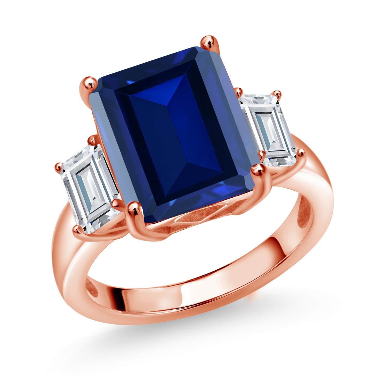 18K Rose Gold Plated Silver 3-Stone Ring Simulated Sapphire Moissanite (7.84