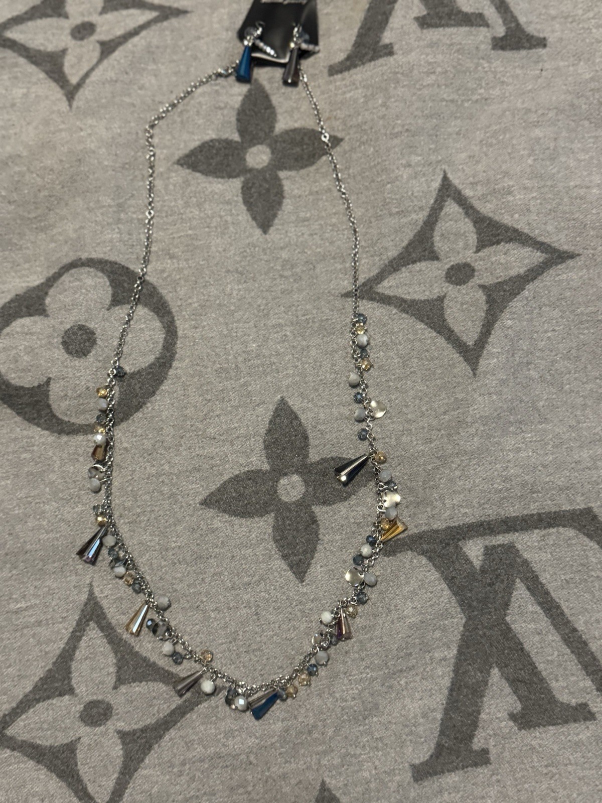 Silver Tone Cable Chain Charm Necklace w/ Multicolor Beads, Asymmetrical