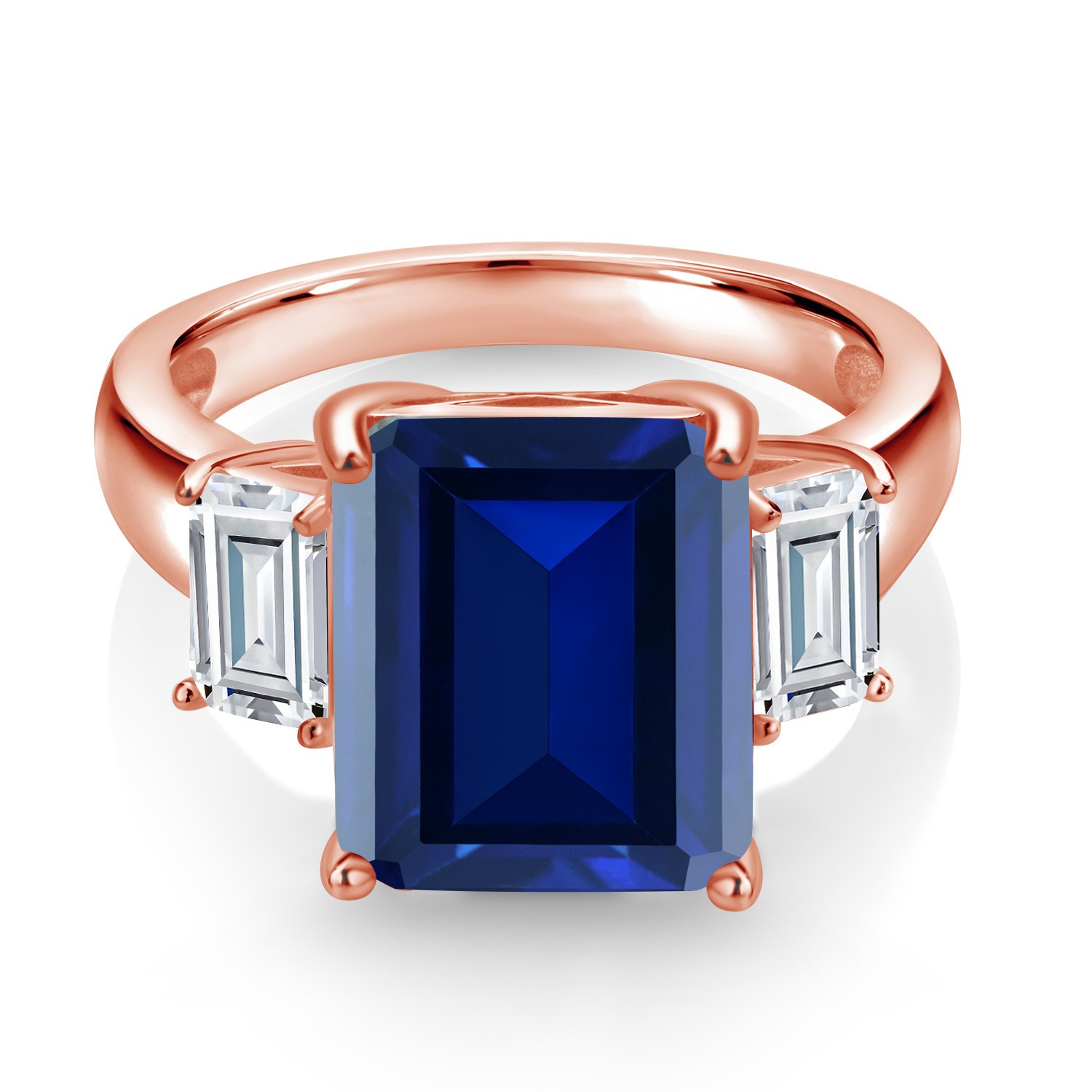 18K Rose Gold Plated Silver 3-Stone Ring Simulated Sapphire Moissanite (7.84