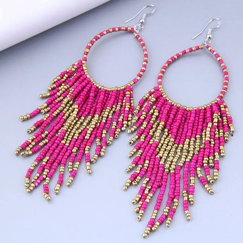 Pink and Gold Bohemian Seed Bead Chandelier Earrings