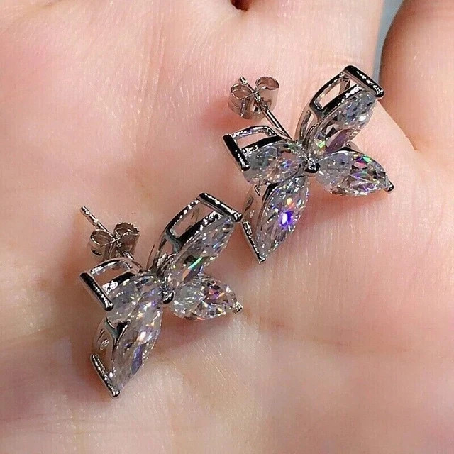 1.95Ct Marquise Cut Simulated Diamond Flower Stud Earrings 14K White Gold Plated