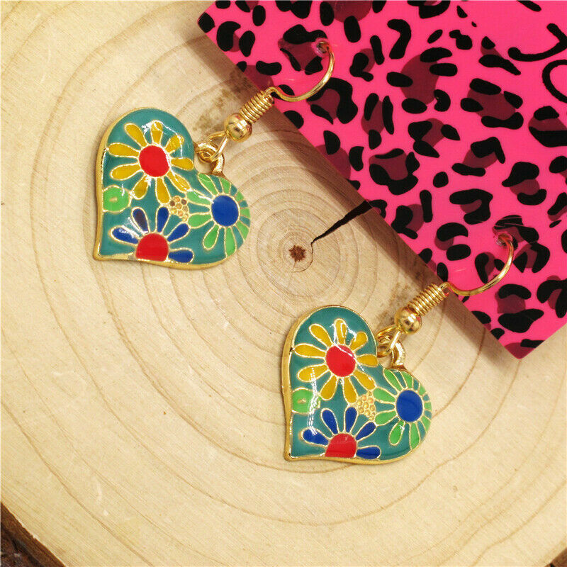Cute Gold Green Multicolor Enamel Flower Heart Charm Hook Dangle Drop Earrings