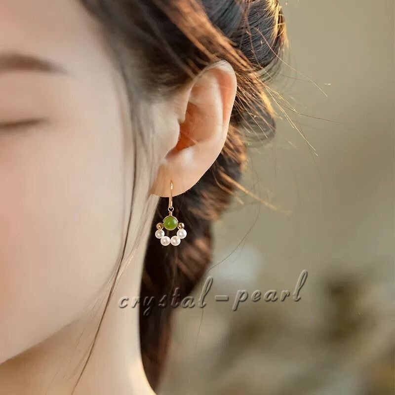 Genuine AAA natural Akoya white pearl jade dangle earrings 14k yelllow gold P