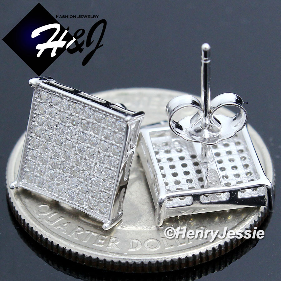 MEN 925 STERLING SILVER ICY BLING CZ 10MM SQUARE PUSH BACK 3D STUD EARRING*SE29