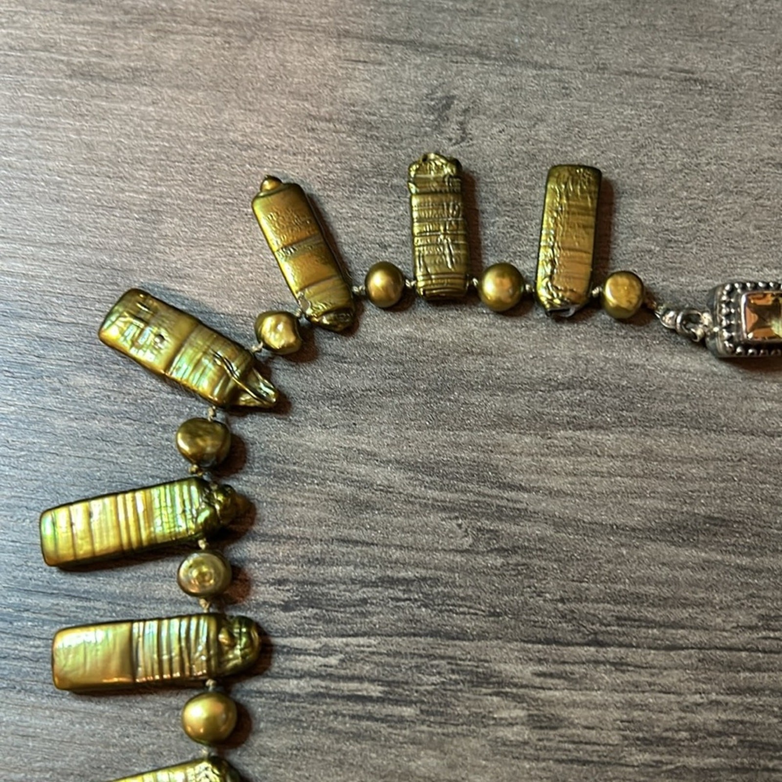 Vintage Green Stick Pearl Statement Necklace #924 hand knotted yellow-green