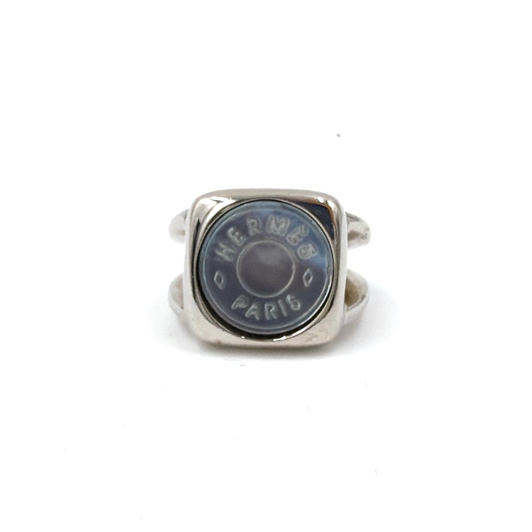 Hermes Serie Sellier Mother of Pearl Shell Square Ring Silver Size 51 10.8g Auth