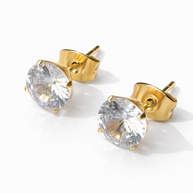 Gold Surgical Steel Round CZ Stud Earrings Solitaire 3mm-7mm⁠