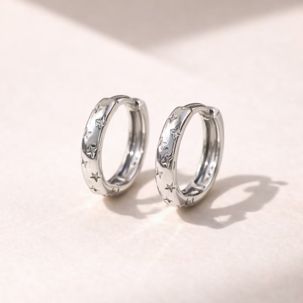 925 Silver Starburst Huggie Earrings Star Hoop Earrings Celestial Earrings 034