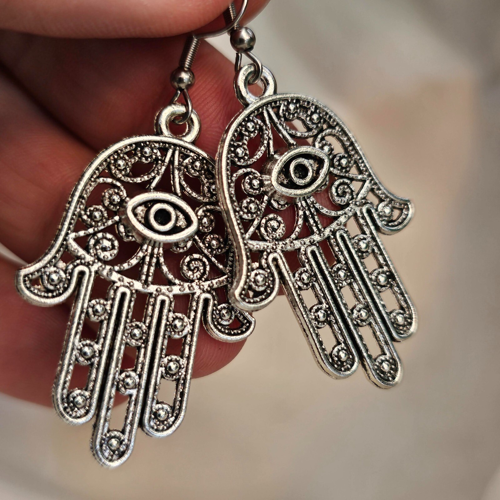 Large Hamsa Earrings Evil Eye Protection Filigree Silver Drop Dangle Jewellery