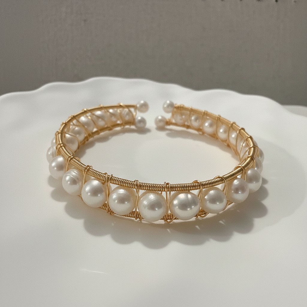 Natural White Freshwater Pearl Cuff Bracelet Gold Wire Wrapped Open Bangle Gift