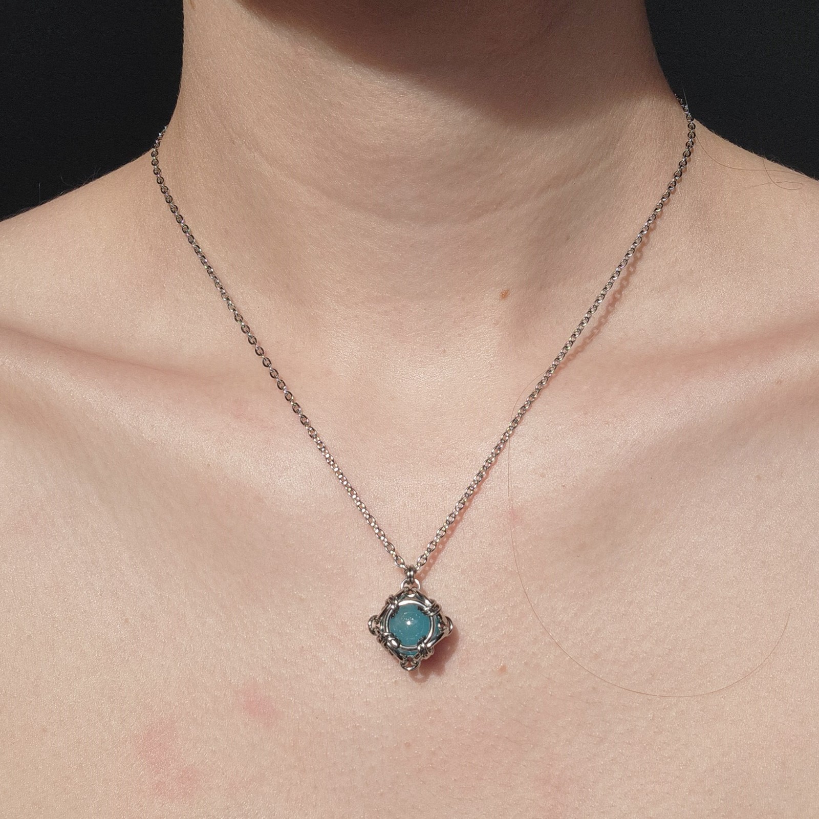 Aqua blue and silver necklace made of stainless steel for women