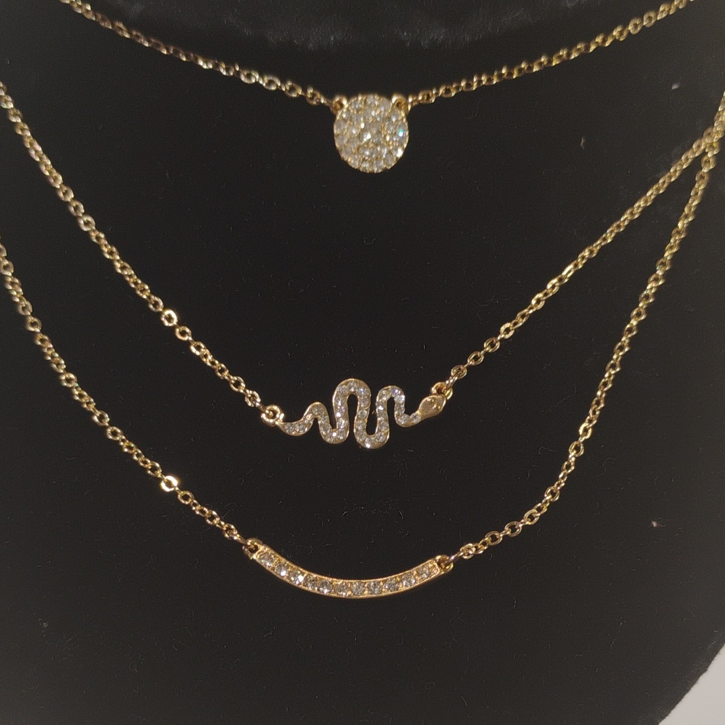 Gold-Tone Layered Cable Chain Necklace Pavé Rhinestone Charm Pendants Adjustable