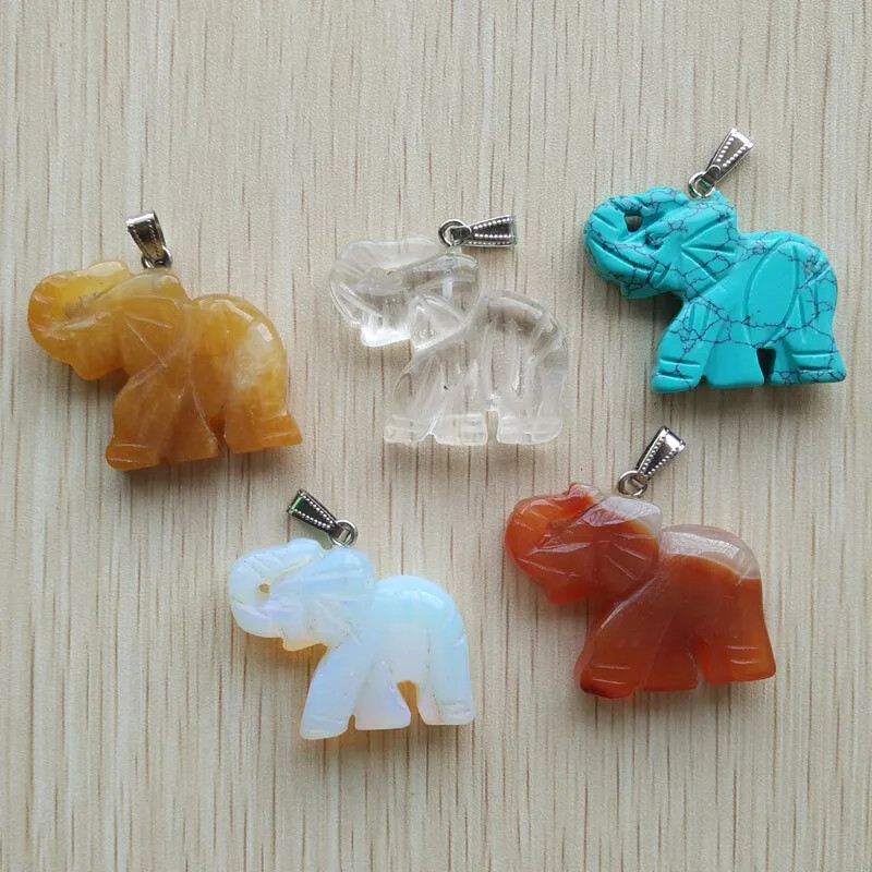 Mixed Natural Stone Carved Elephant Charms Jewelry Making Pendants 10pcs/lot