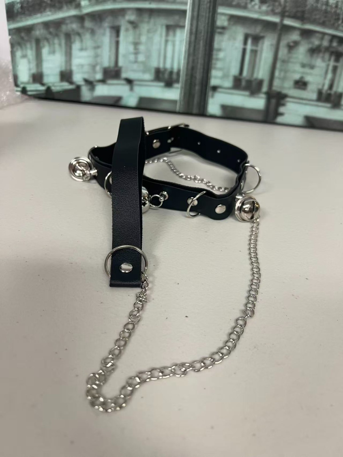 Gothic Faux Leather Choker Set Detachable Chain Leash Bell