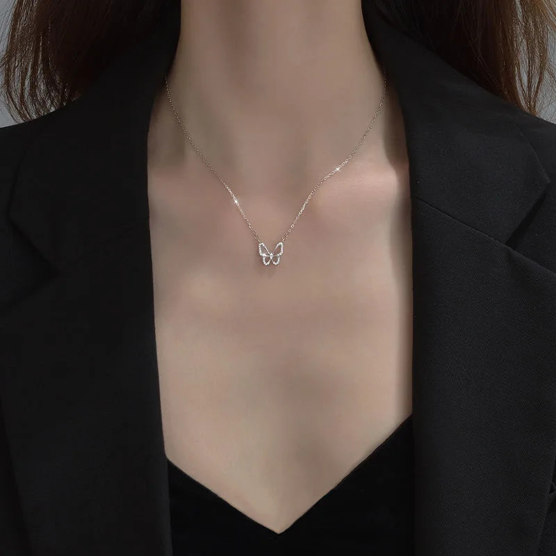 New Shiny Silver Colour Butterfly Necklace Ladies Exquisite Double Layer Clavicl