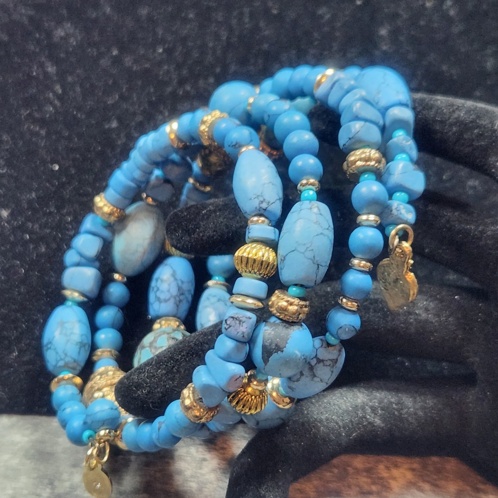 Chicos Blue Turquoise color Multi Strand Wrap Bracelet Gold Tone Accents