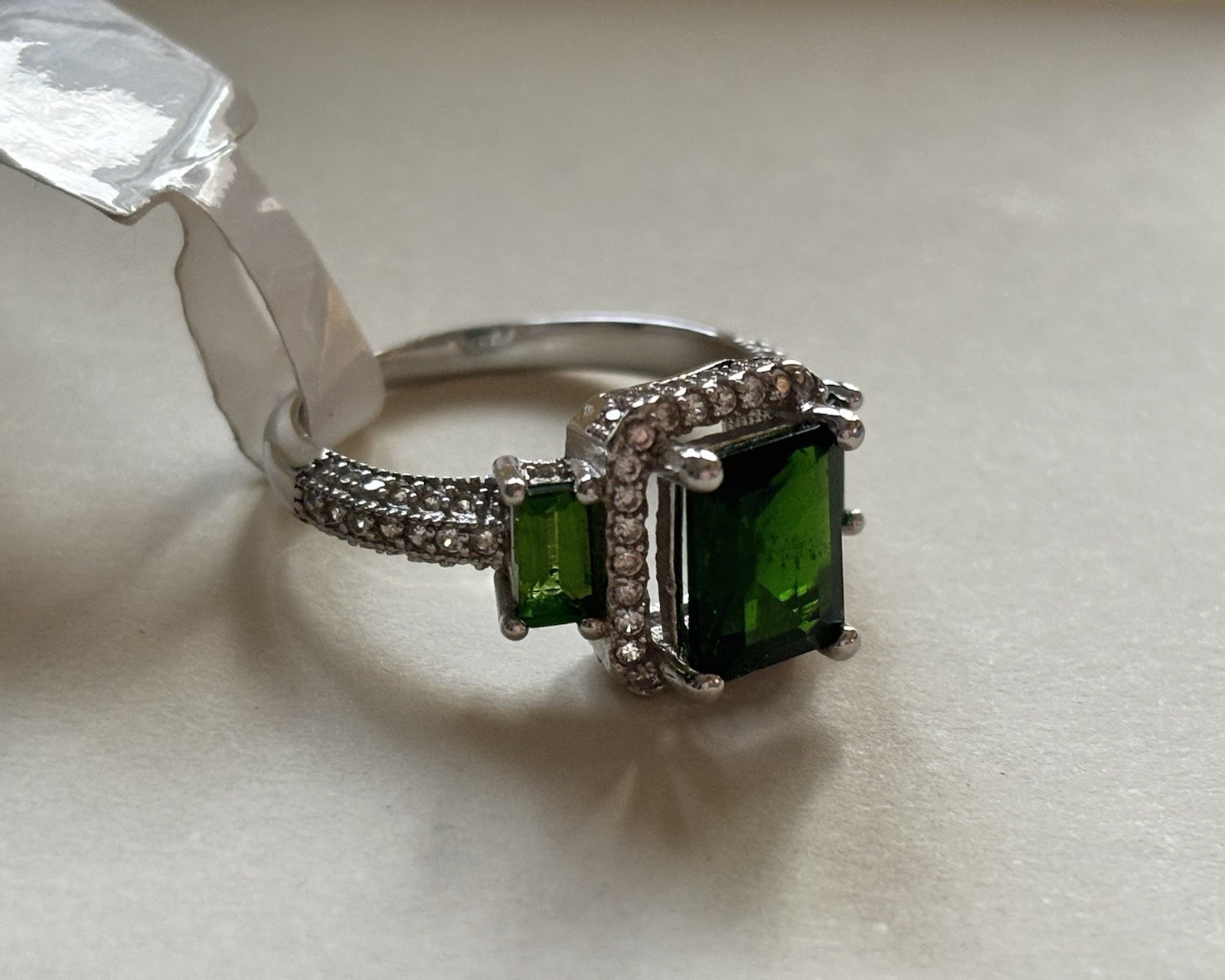 925 Silver Russian Chrome Diopside Emerald Cut Halo Cocktail Ring Prong Set Sz 6