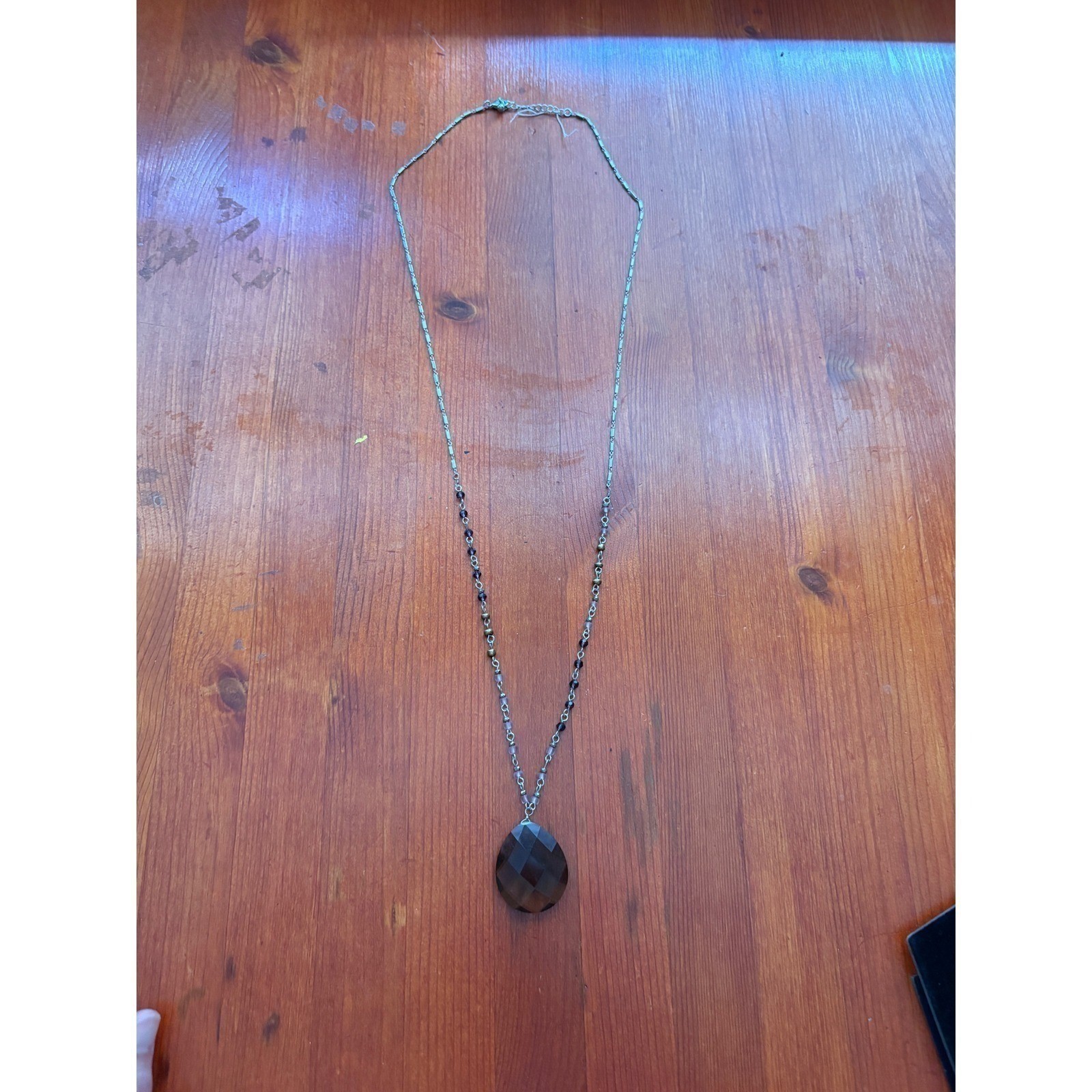 Boho Smoky Brown Faceted Teardrop Pendant Necklace Purple Beaded Silver Chain