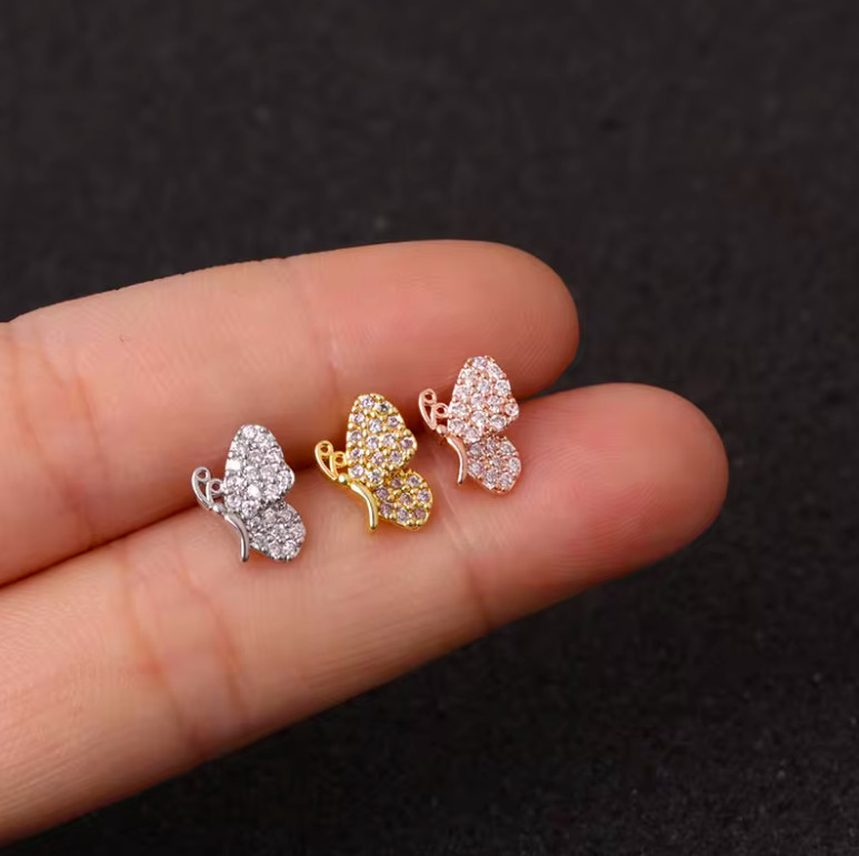 Butterfly Zirconia 18K Gold Silver Cartilage Helix Lobe Tragus Conch 20G Earring