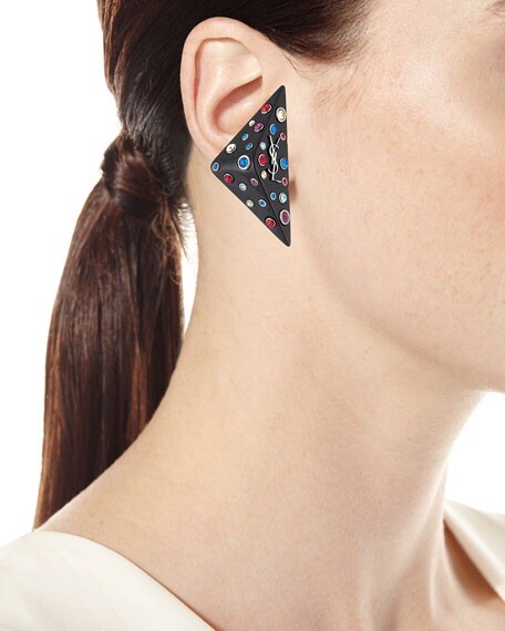 New Saint Laurent Crystal Monogram YSL Logo Triangle Clip On Earrings $495.00