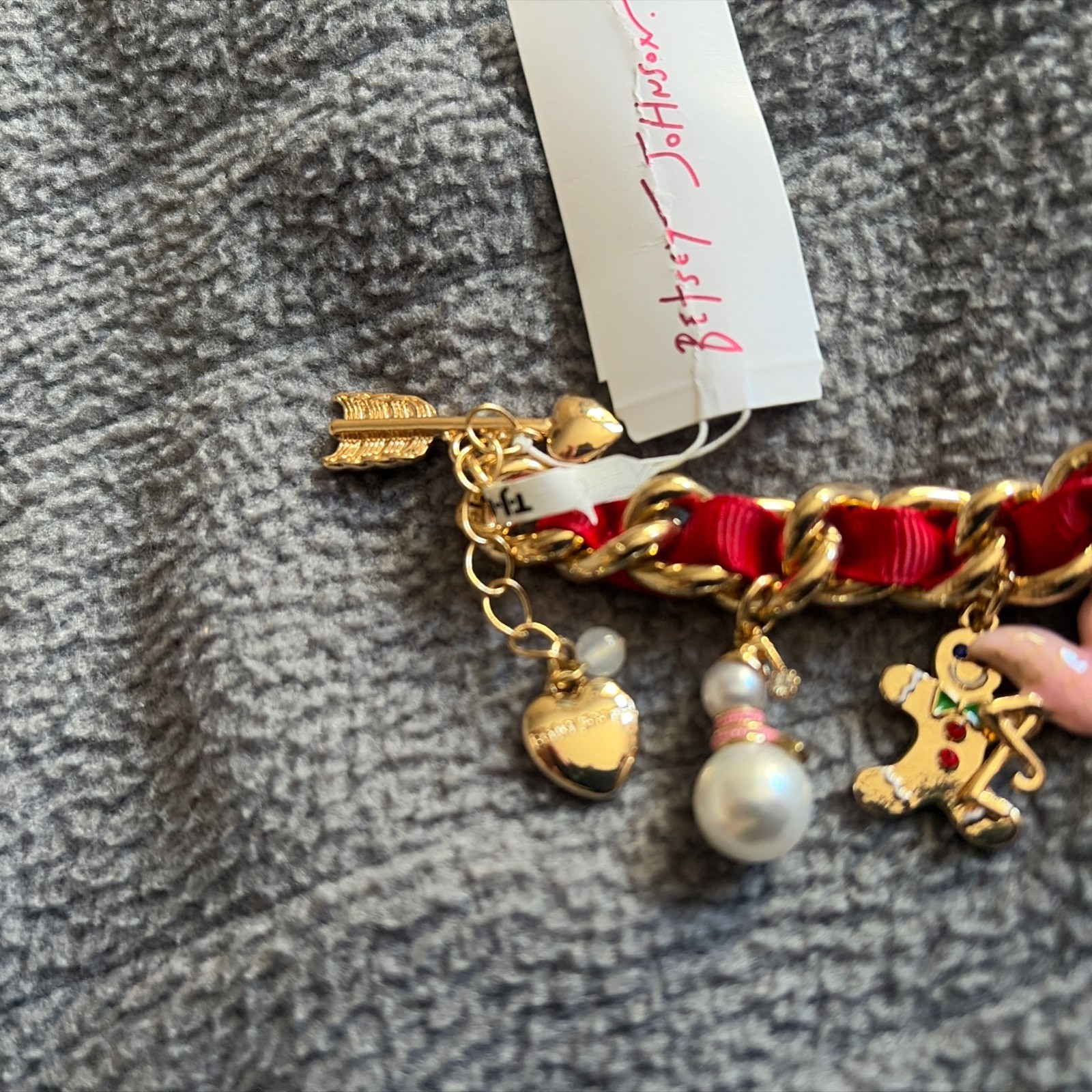 Betsey Johnson Christmas Holiday Gingerbread Tree charm bracelet red ribbon New