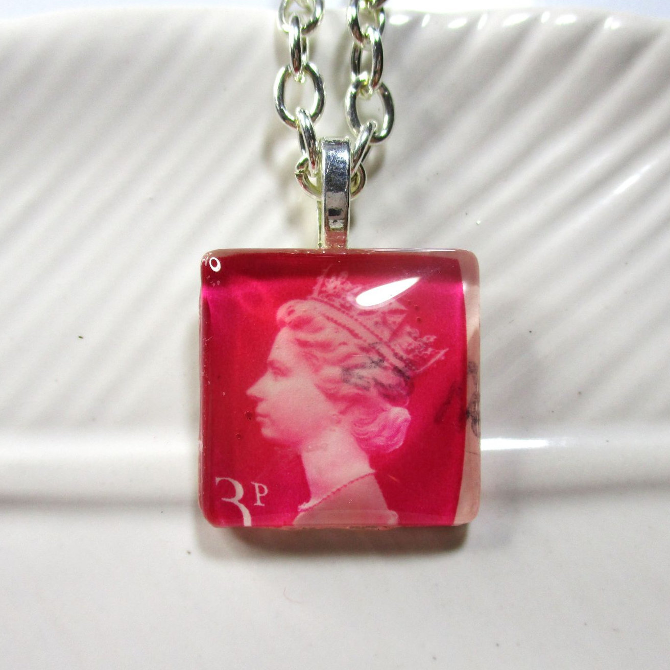 Handmade Authentic Postmarked Queen Elizabeth Postage Stamp Glass Tile Necklace