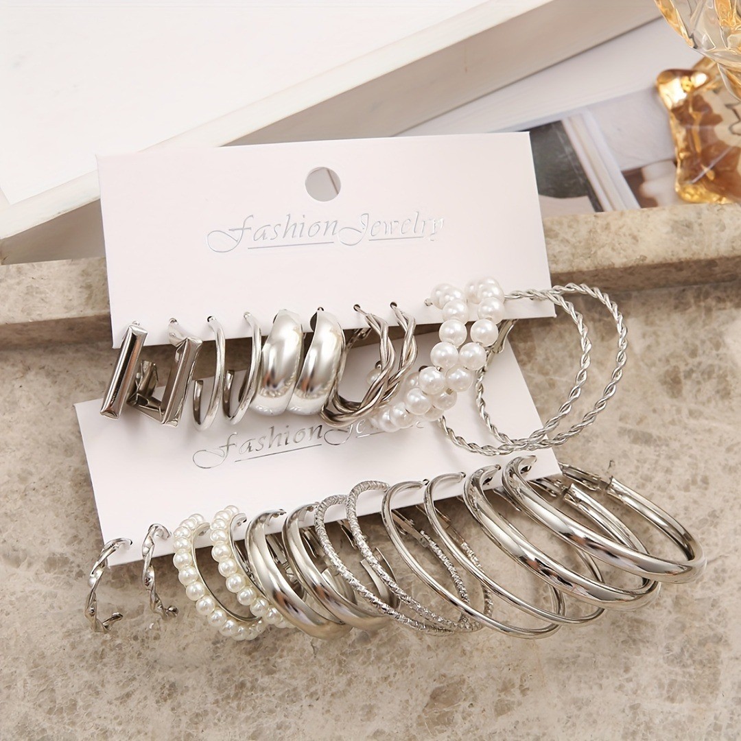 24pairs Golden Silvery Imitation Pearl Circle Hoop Earrings Zinc Alloy Jewelry